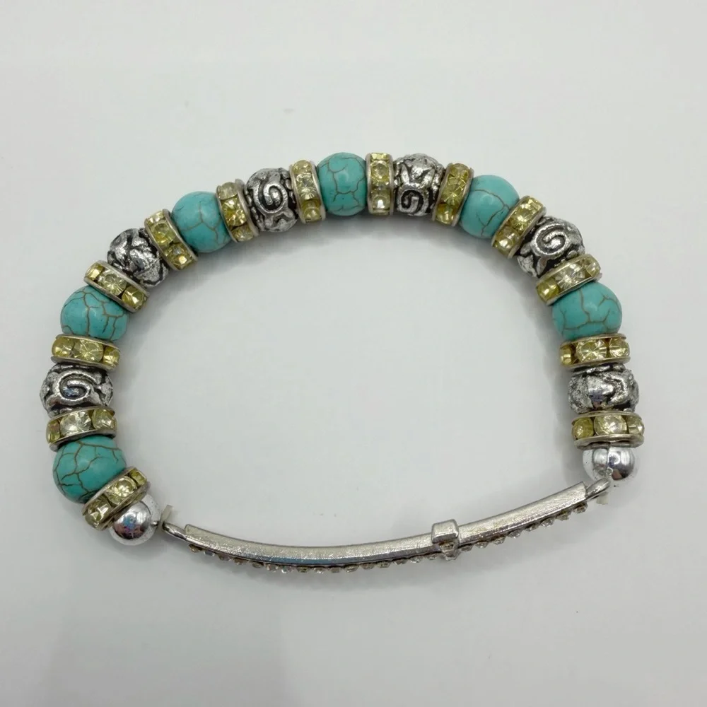 Sideways Cross Stretch Bracelet with Turquoise Beads & Crystal Rhinestones